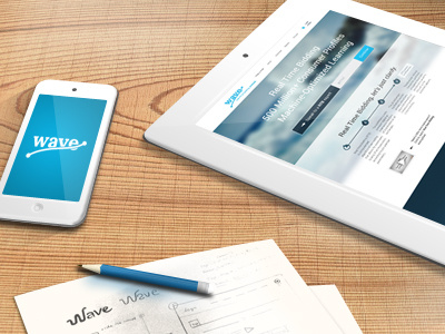 Client Mockups ipad iphone logo mockup pencil realistic render sketches table wave white wood