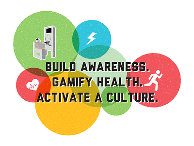 Build. Gamify. Activate colorful flyer fun gamification health playful screenprint wellness