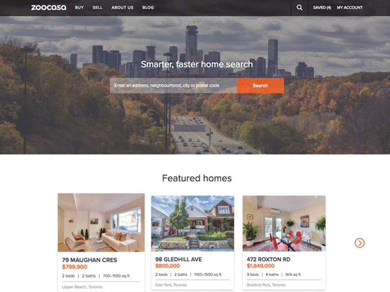 The New Zoocasa home page real estate search bar site design toronto zoocasa