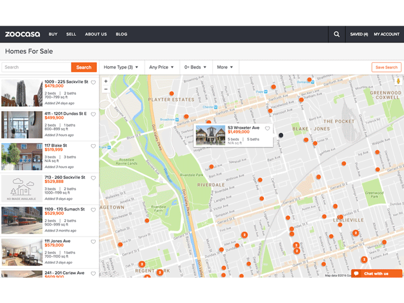 Zoocasa map experience homes hover listings map pins pop up real estate search toronto zoocasa