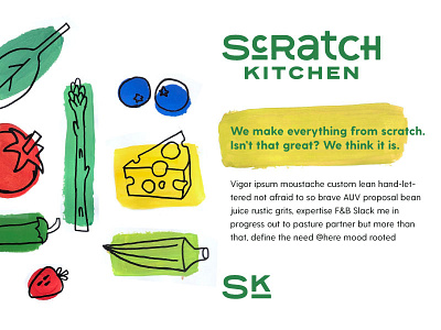 Scratch Kitchen Unused Brand Identity Pt. I brand identity branding custom type design food fruits green identity illustration kitchen logo paint painterly type typography vegetables visual system