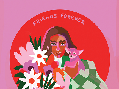 Friends Forever digital painting dog flowers illustration women