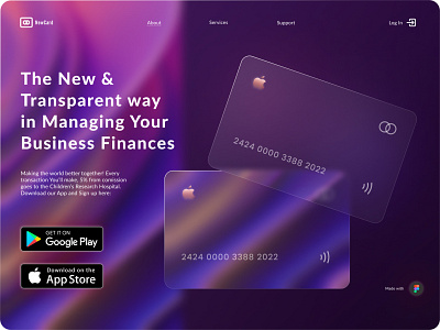 Credit/debit card landing page app bank card landing page banking creditdebit card dark theme design glass glassmorphism landing page made in figma mobile app ui web design