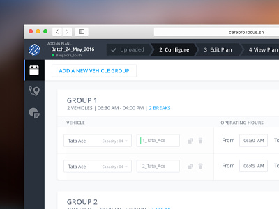 Vehicle Configure Screen dashboard locus logistics planning startup ui ux vehicle web