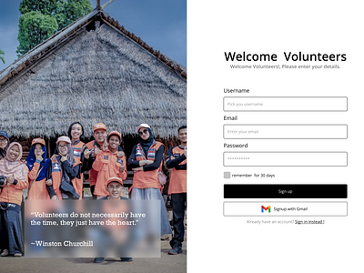 Signup landing page for Volunteers.