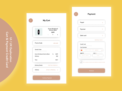 Exploration UI/UX Cart & Credit Card Payment Method checkout clean creditcard dailyui design figma graphic design mobile design pages simple ui uiux