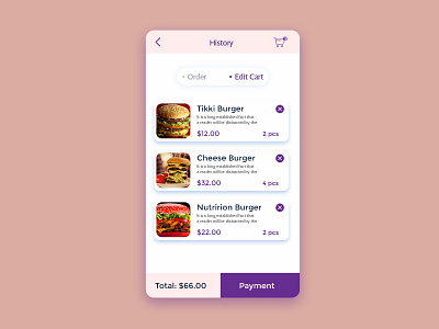 Order History For Dribble app food order payment ui ux