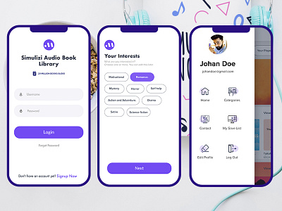 Audio Book App app audio book concept design interest side menu sign in ui ux