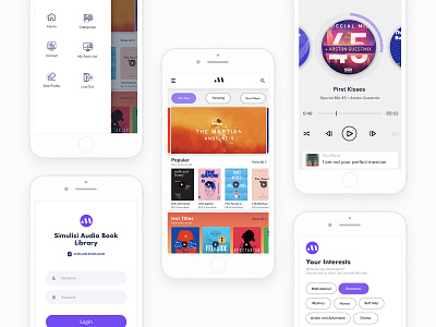 Audio Book App app app design audio book audio player design interest log in sidemenu ui