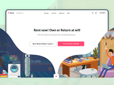 Rento Landing Page color illustration landing page minimal rent uidesign ux video web web design