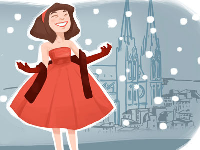 Happy New Year! cathedral church girl greeting card happy new year red snow
