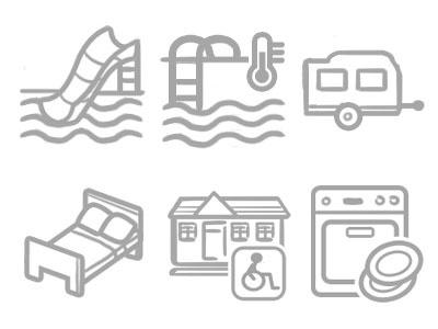 Icons bed bungalow camping car dishwasher icons swimming pool