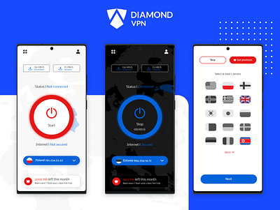 Diamond vpn app Ui design app blue branding design figma graphic design logo ui ux