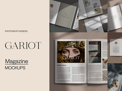 GARIOT Magazine Mockups brand branding creativemarket layout magazine magazine design mockup mockup design mockup psd natural neutral presentation print psd mockup scene creator shadow template