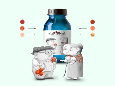 vitaFORMmin. Vitamins packaging. Character design. bitmap branding cartoon character character design craft concept design food illustration grandpa style granny healthy food illustration label design medicine old man design packaging photoshop sketch concept stylization vitamins