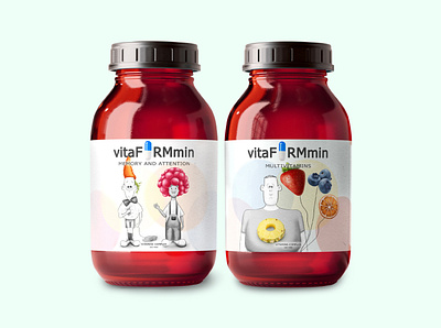 vitaFORMmin. Vitamins packaging. Character design. berries bitmap cartoon character character design children concept children style craft concept craft label craft sketh design food illustration fruit illustration healthy food illustration label design packaging photoshop stylization vitamins