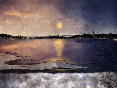 POLAR NIGHT digital watercolor digital watercolour illustration lake landscape moon night landscape north landscape northern nature polar night watercolor watercolour