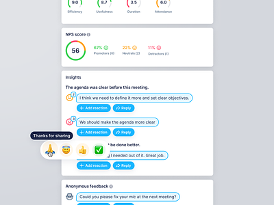 Meetback - Meeting Score Overview app coments data detail drivers emoji feedback insights meetback meeting nps overview page picker reactions score statistics web