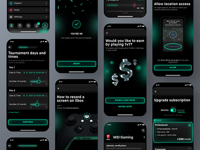 One Up & One Up OS Screens 3d illustration app cash confirmation dark day dollar esports gaming green ios location access mobile modal picker subscription ui ux xbox