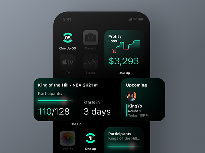 One Up - iOS Widgets app betting chart dark esports finance gaming glow graph green ios linear mobile one up price product design statistics tournaments ui widgets