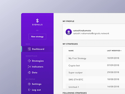 Signals - Dashboard Side Bar after effects animation app crypto dashboard desktop interaction menu purple side bar side nav sidebar ui ux web