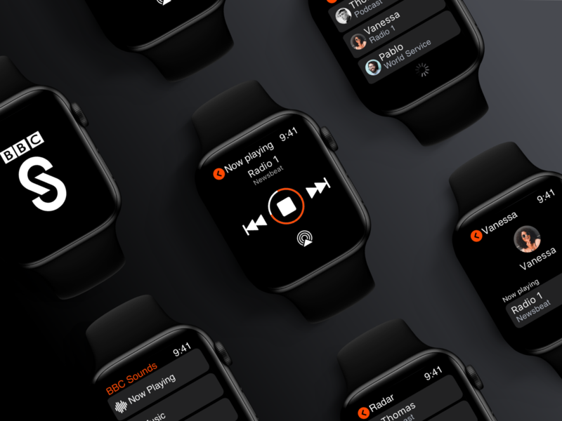 BBC Sounds - Apple Watch (WatchOS) App app design apple watch bbc sounds black dark ios london music player running smart watch ux ui watchos wearable