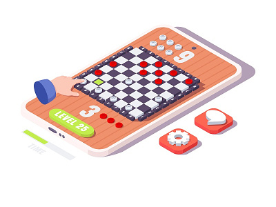 checkers game on mobile board checkerboard checkers flat game hand illustration isometric mobile phone play player screen smart smartphone sport strategy tablet technology vector