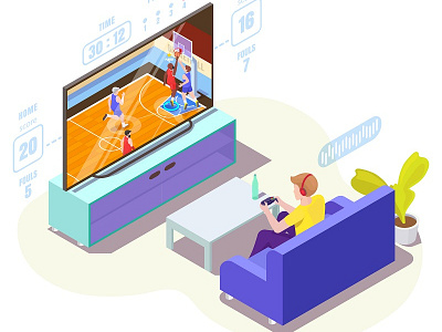 Isometric young man gamer playing basketball video game with con