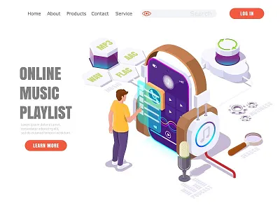 online music playlist app audio banner boy concept headphones illustration isometric man media mp3 music online player playlist smartphone template vector web website