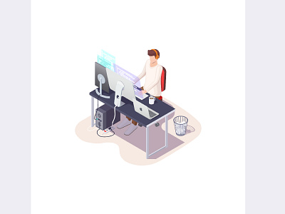 guy at the computer 3d cartoon computer concept design desk freelance illustration internet isometric man office programmer student ui vector web work workplace young