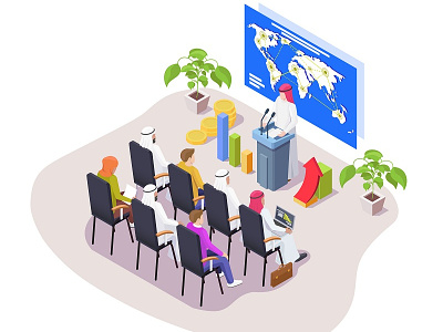 Conference With Arab Businessman 3d arab business cartoon concept graphic design illustration inside isometric lowpoly teamwork vector
