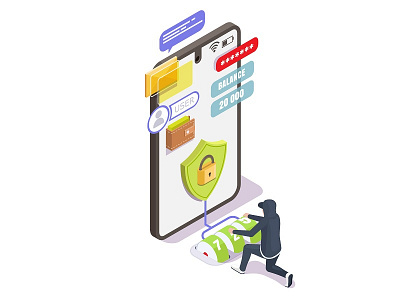 hacking devices antivirus attack code concept cyber data device digital graphic illustration internet isometric mobile safety security shield smartphone symbol vector virus