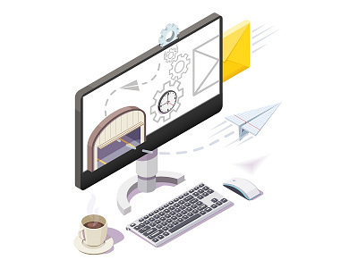 email delivery computer concept delivery email flat graphic design illustration isometric lowpoly management vector web work workplace