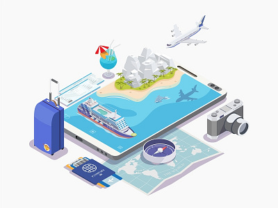 Cruise 3d branding compass concept cruise design dolphin icon illustration isometric isometry logo map passport phone plane suitcase tickets travel vector