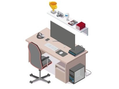 computer desk app chair computer computer desk concept cup design game game book game console icon illustration isometric monitor phone robot system system unit vector