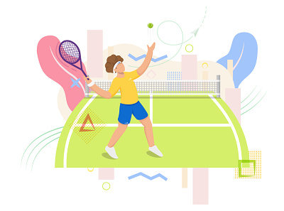 Young guy on a tennis court throws a ball action activity athlete ball boy championship character competition court game illustration play player racket recreation sport symbol tennis tournament vector
