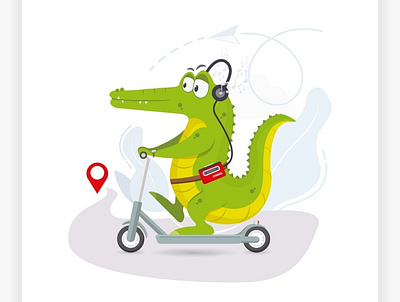 crocodile rides a scooter animation cartoon concept crocodile design flat illustration music road scooter stereo vector web