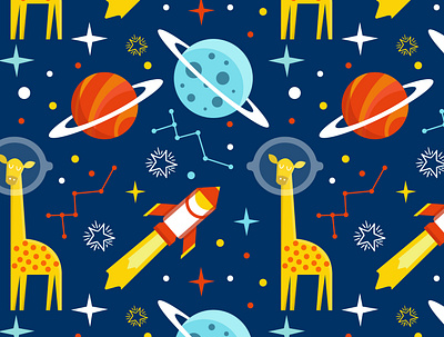 Cute Giraffe Seamless Pattern with Planet animal animal pattern baby pattern baby products childish pattern colorful cute pattern galaxy giraffe illustration kids clothing kids tshirt outer space planet print design rocket seamless pattern space star textile pattern