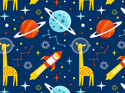 Cute Giraffe Seamless Pattern with Planet animal animal pattern baby pattern baby products childish pattern colorful cute pattern galaxy giraffe illustration kids clothing kids tshirt outer space planet print design rocket seamless pattern space star textile pattern