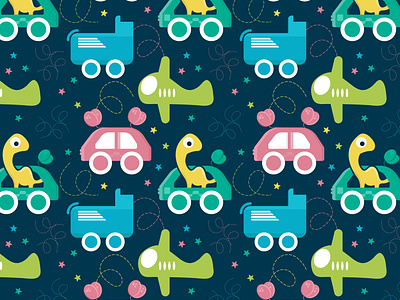 Cute Baby Car Seamless Pattern with Dinosaur