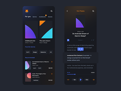 The Concept of Audiobook - Dark Theme audio book concept audiobook concept concept design daily ui dark dark app dark interface dark theme dark theme ui dark ui design gura nicholson listening audioo book mobile app mobile dark online book online book apllication uiux user interface