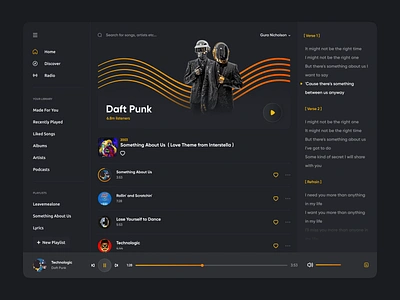 Daft Punk | Desktop 2021 apple music daft punk dark dark mode dark theme desktop gura nicholson music music app redesign spotify trends user interface user interface trend web webdesign yellow