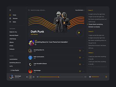 Daft Punk | Desktop 2021 apple music daft punk dark dark mode dark theme desktop gura nicholson music music app redesign spotify trends user interface user interface trend web webdesign yellow