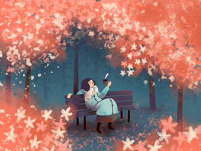 Cherry blossom bench blossom cherry cherry blossom chilling coffee girl illustration park plants procreate spring trees