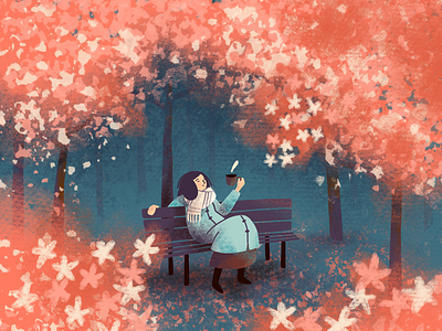Cherry blossom bench blossom cherry cherry blossom chilling coffee girl illustration park plants procreate spring trees