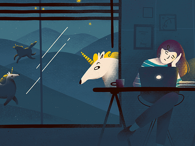 "Goodnight, Startup!" book illustration character digital illustration girl illustration night office procreate sleep startup unicorn work