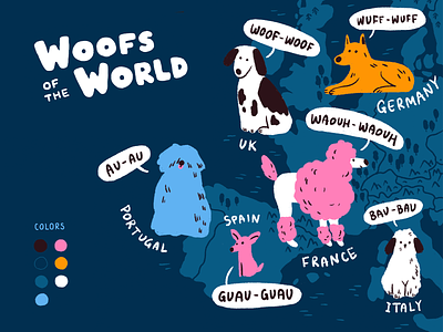 Woofs of the World bark concept countries digital art digital illustration dogs europe illustrated map illustration languages map procreate procreate art woof world