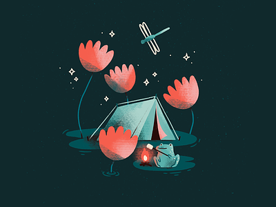 Frog Camping animal campfire camping character cute digital illustration dragonfly frog illustration kidlit marshmellow pond procreate tent waterlily