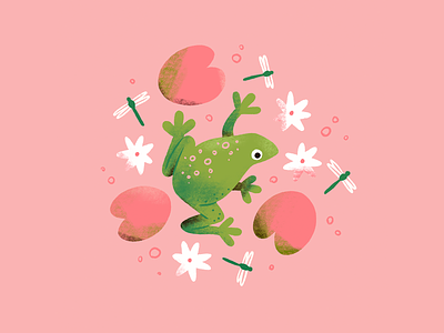 Pink and Green Frog animal character digital illustration dragonfly frog green illustration pink pond procreate waterlily