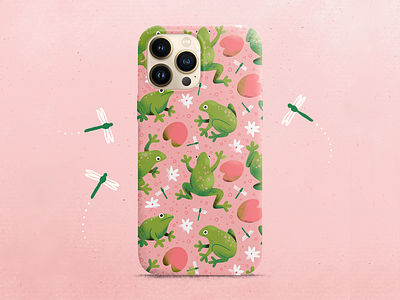 Iphone Case with Frog Design digital illustration frog green illustration iphone iphone case mockup pattern pink procreate seamless pattern surface pattern